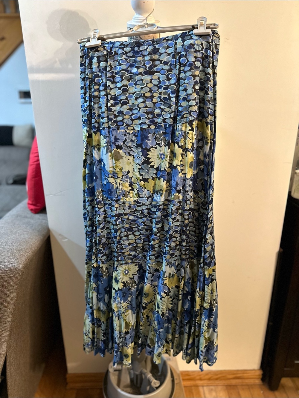 Women's Blue Floral and Yellow Tiered Maxi Skirt